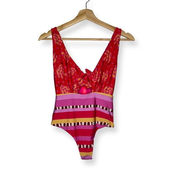 Farm Rio Red Tiki Bananas Lucy Stripe One Piece Swimsuit S M Mix Print Tie Front - Picture 5 of 6